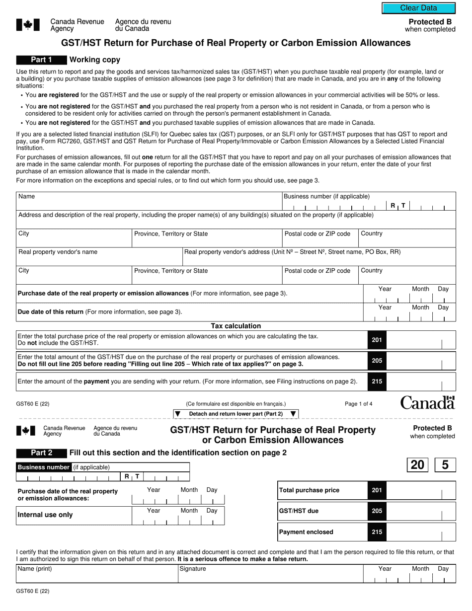 Form GST60 Gst / Hst Return for Purchase of Real Property or Carbon Emission Allowances - Canada, Page 1