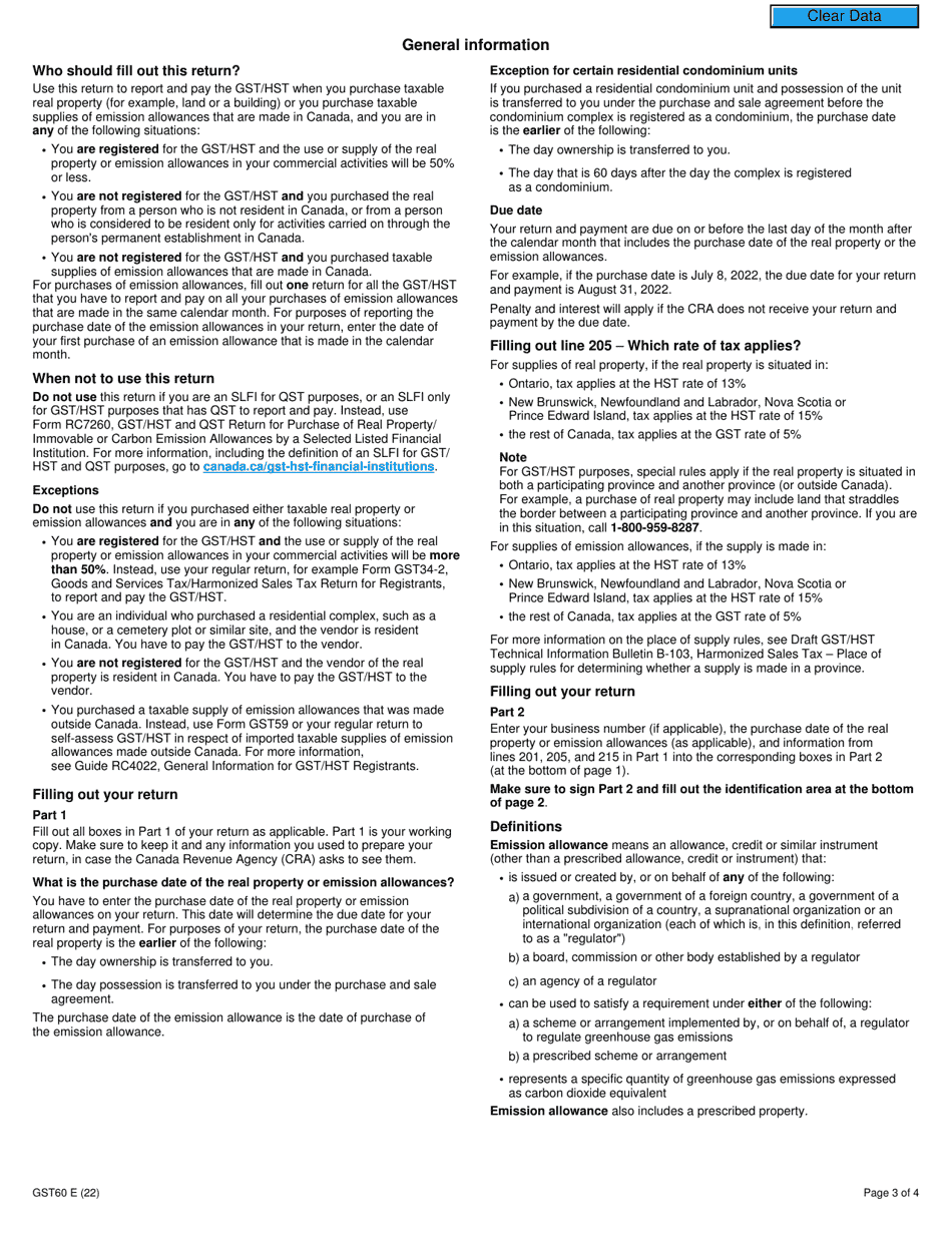 Form GST60 Gst / Hst Return for Purchase of Real Property or Carbon Emission Allowances - Canada, Page 3
