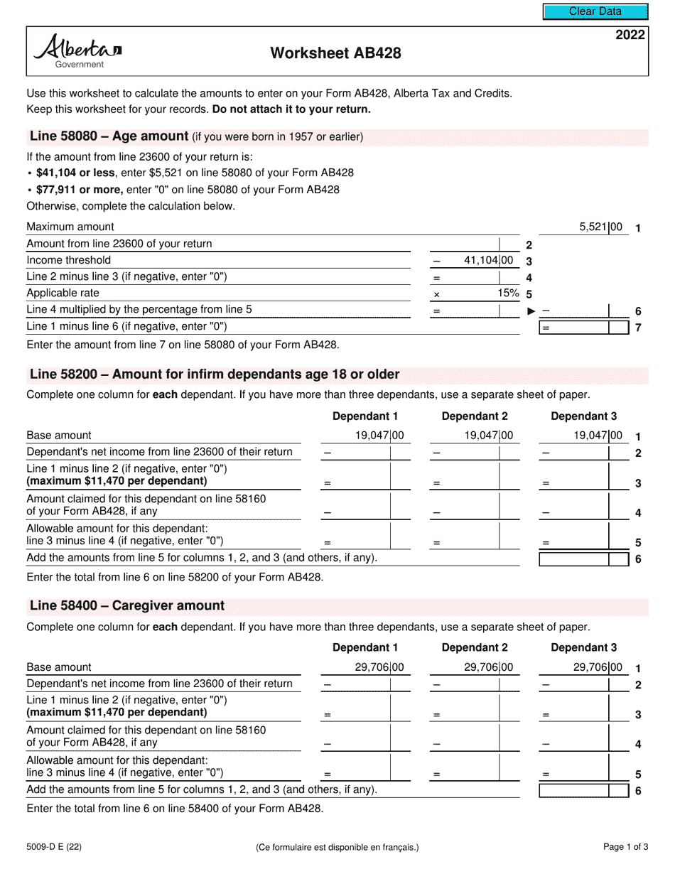 Form 5009-D Worksheet AB428 Alberta - Canada, Page 1