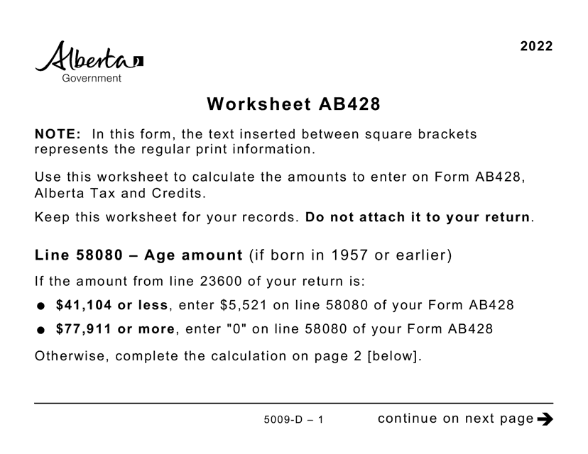 Form 5009-D Worksheet AB428 2022 Printable Pdf