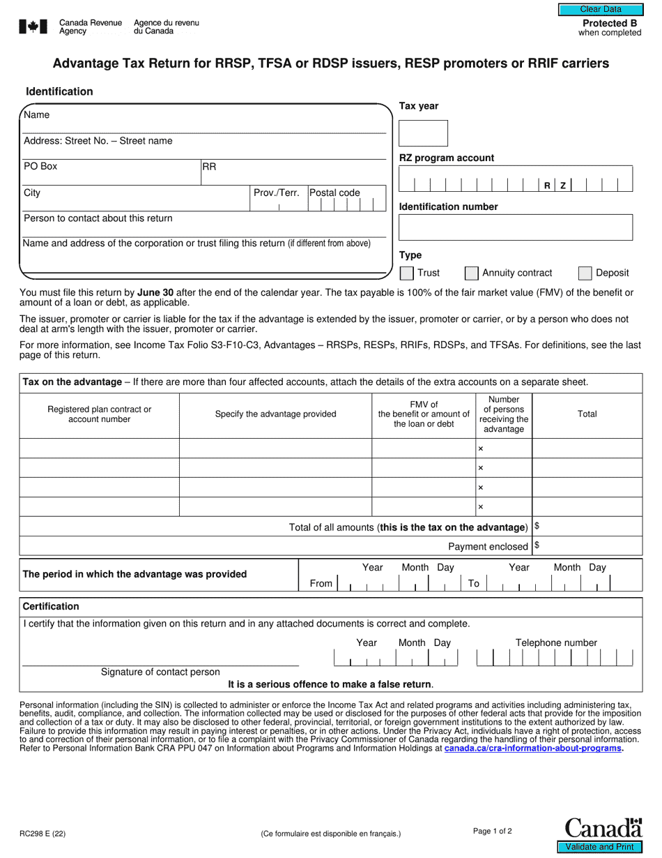 Form RC298 Advantage Tax Return for Rrsp, Tfsa or Rdsp Issuers, Resp Promoters or Rrif Carriers - Canada, Page 1