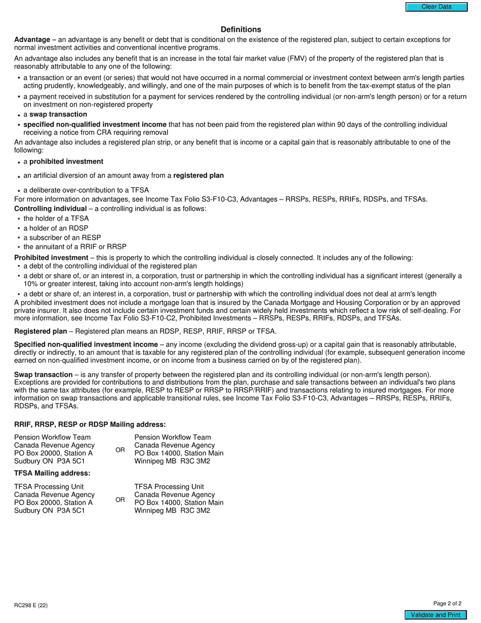 Form RC298 Advantage Tax Return for Rrsp, Tfsa or Rdsp Issuers, Resp Promoters or Rrif Carriers - Canada, Page 2