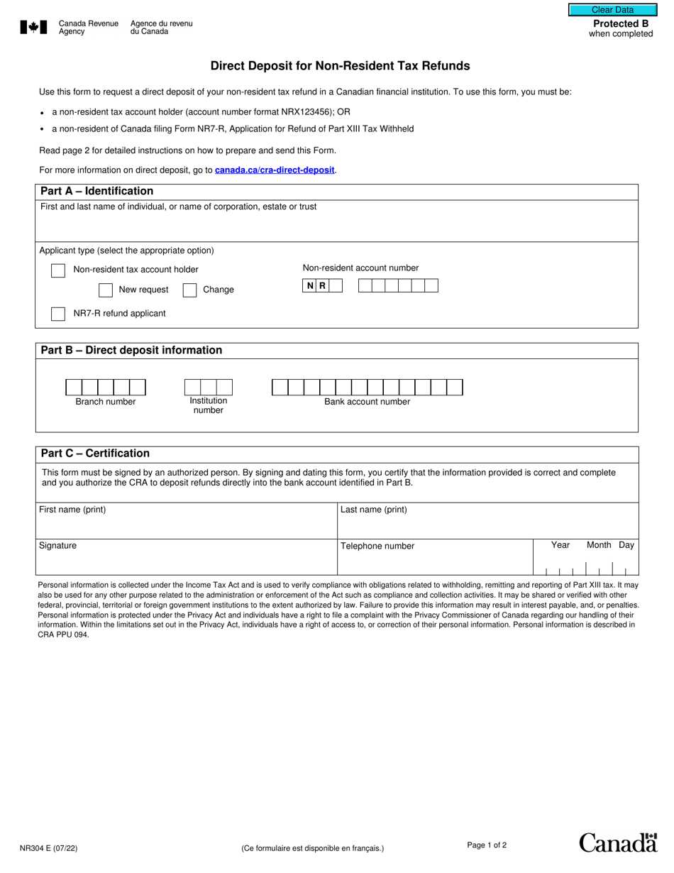 Form NR304 Direct Deposit for Non-resident Tax Refunds - Canada, Page 1
