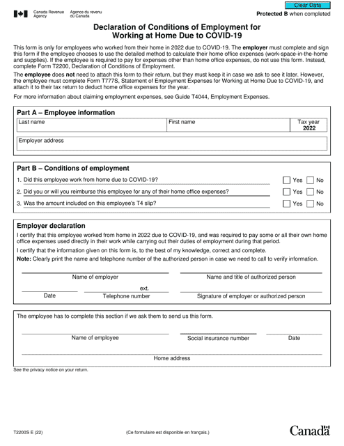 Form T2200S Declaration of Conditions of Employment for Working at Home Due to Covid-19 - Canada, 2022