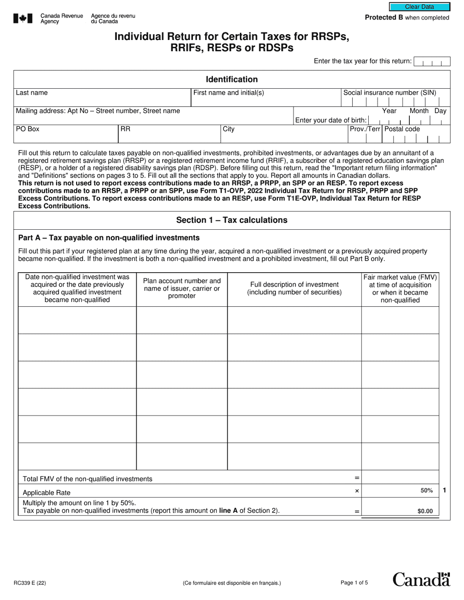 Form RC339 Individual Return for Certain Taxes for Rrsps, Rrifs, Resps or Rdsps - Canada, Page 1