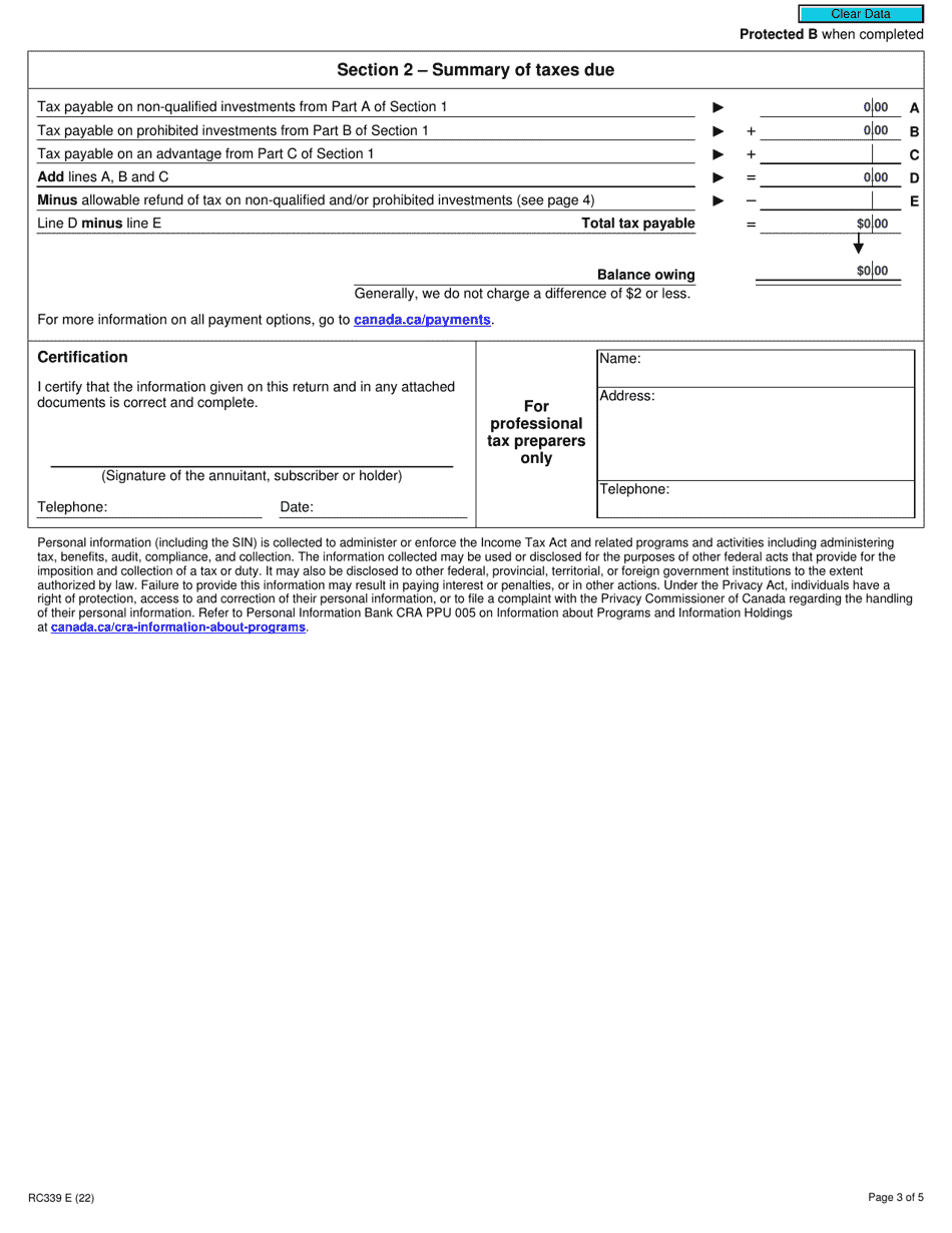 Form RC339 Individual Return for Certain Taxes for Rrsps, Rrifs, Resps or Rdsps - Canada, Page 3