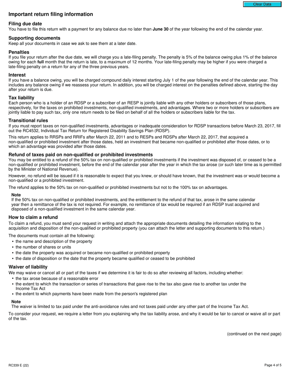 Form RC339 Individual Return for Certain Taxes for Rrsps, Rrifs, Resps or Rdsps - Canada, Page 4