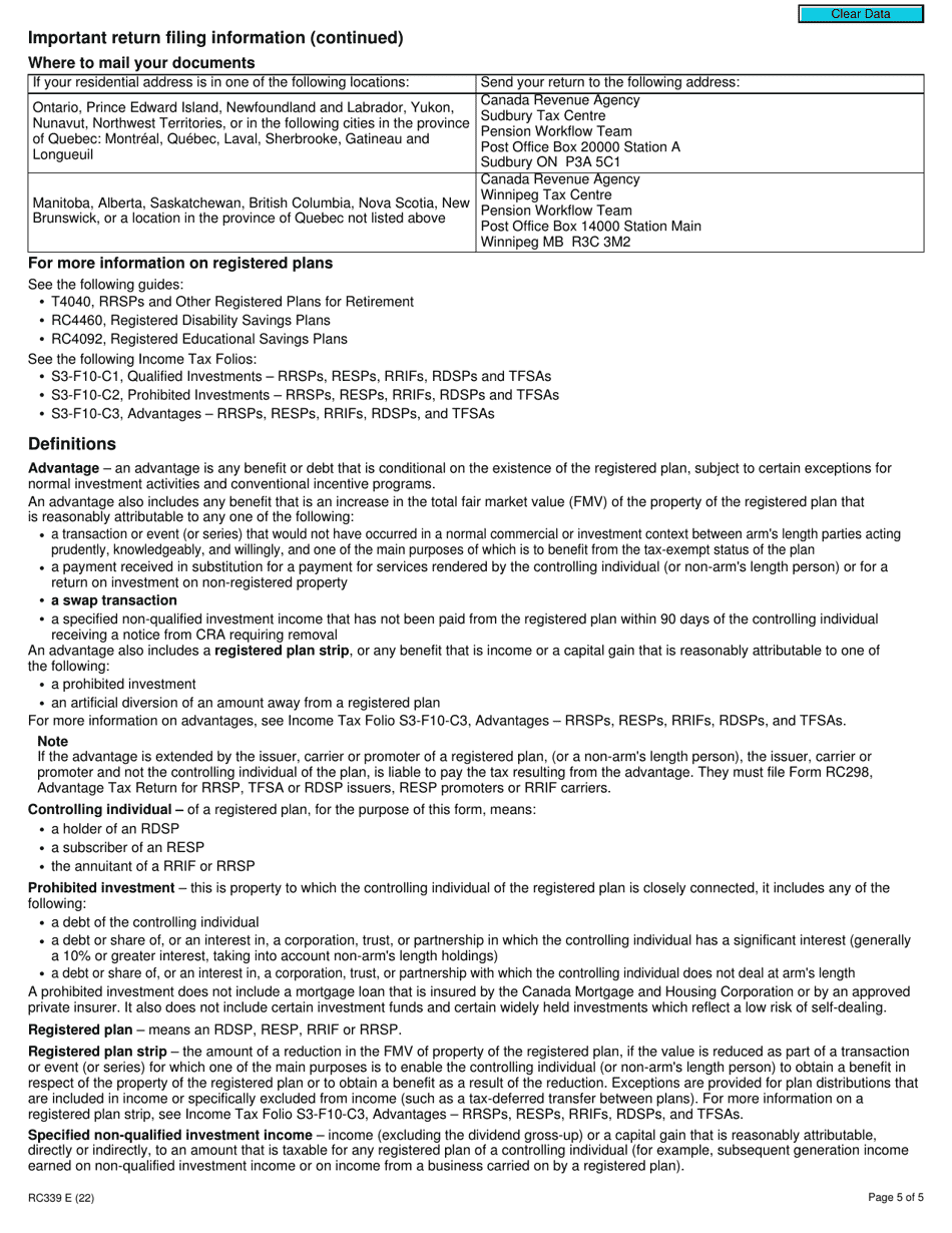 Form RC339 Individual Return for Certain Taxes for Rrsps, Rrifs, Resps or Rdsps - Canada, Page 5