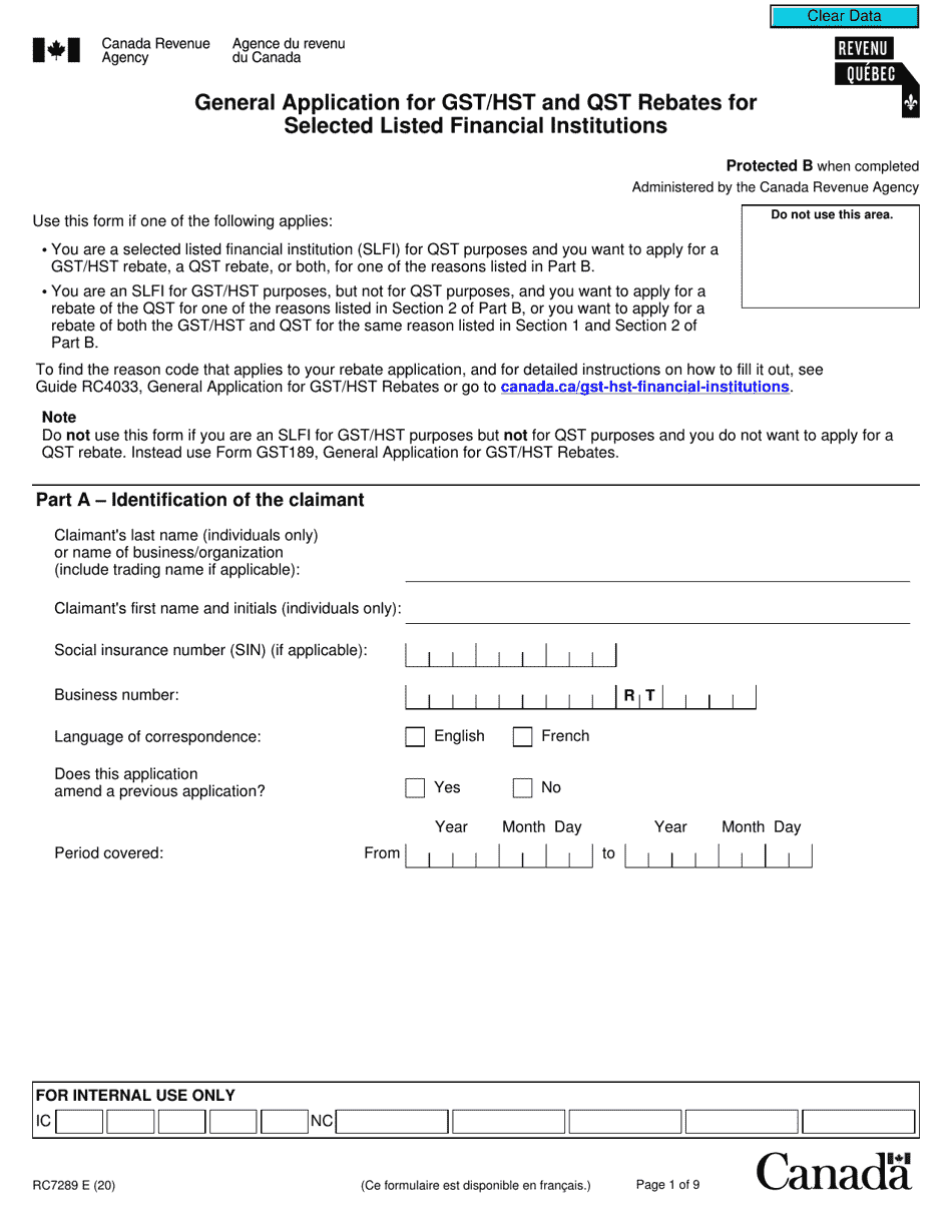 Form R7289 General Application for Gst / Hst and Qst Rebates for Selected Listed Financial Institutions - Canada, Page 1