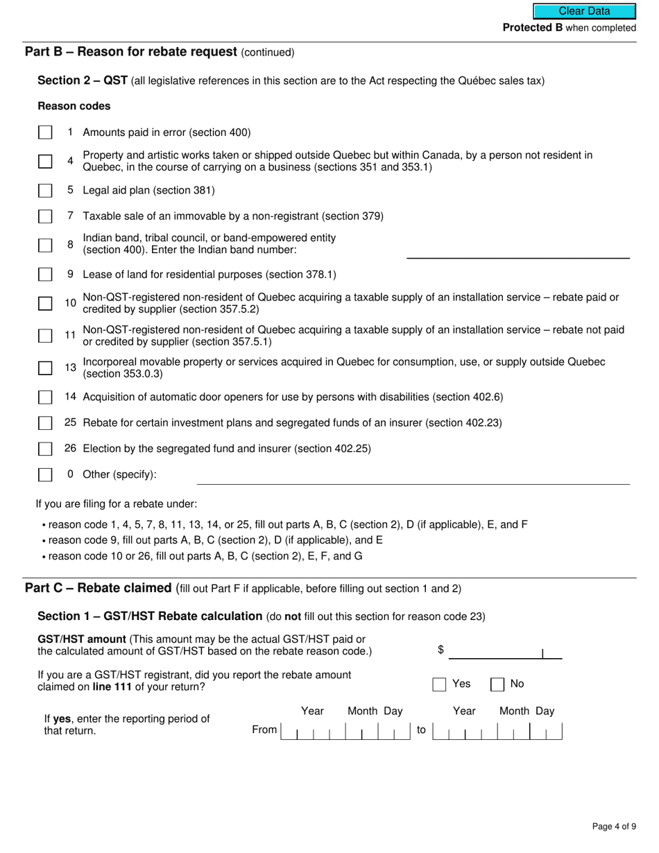 Form R7289 General Application for Gst / Hst and Qst Rebates for Selected Listed Financial Institutions - Canada, Page 4