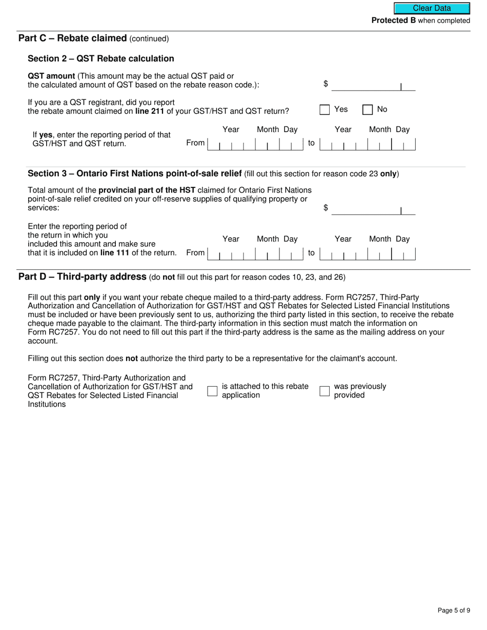 Form R7289 General Application for Gst / Hst and Qst Rebates for Selected Listed Financial Institutions - Canada, Page 5