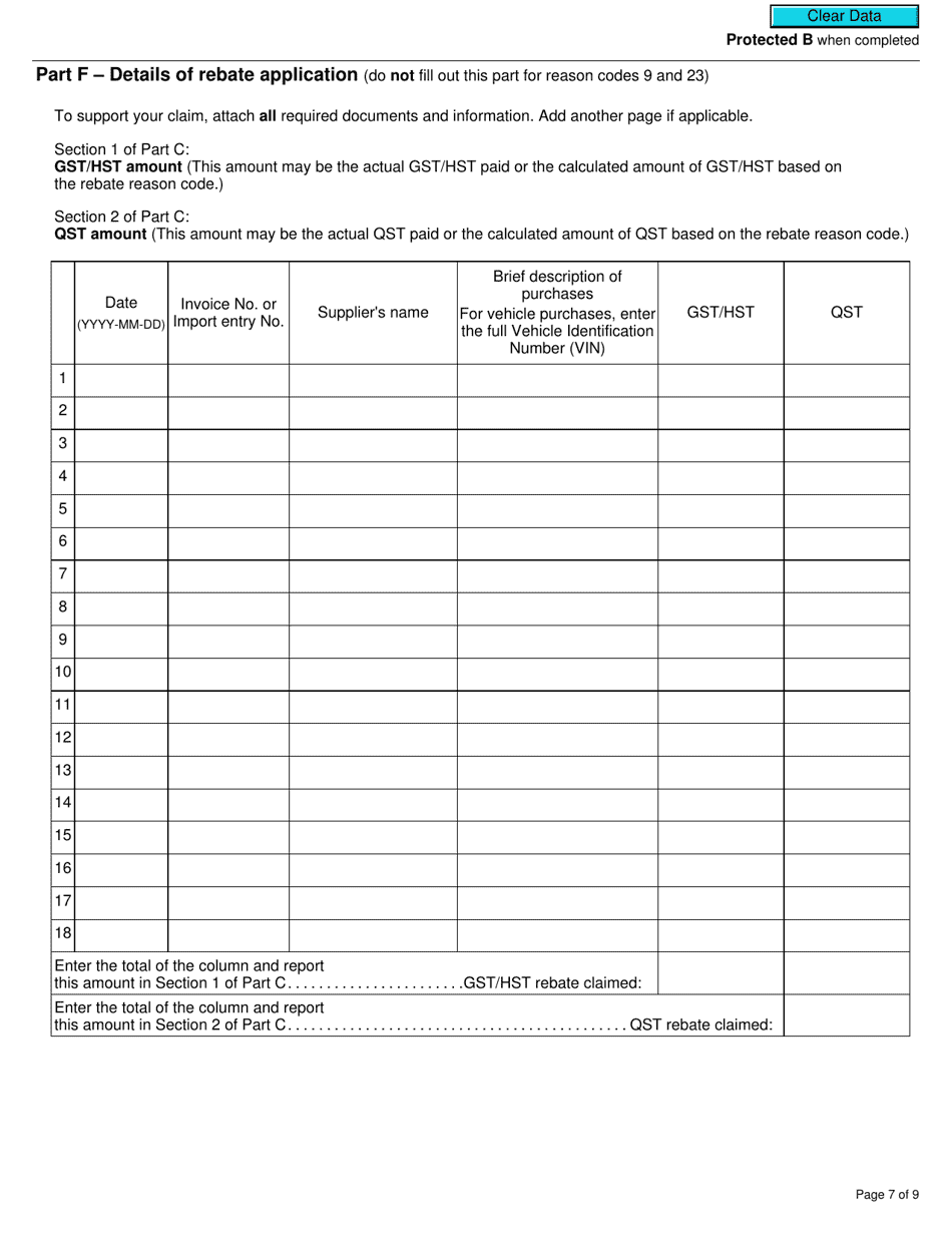 Form R7289 General Application for Gst / Hst and Qst Rebates for Selected Listed Financial Institutions - Canada, Page 7