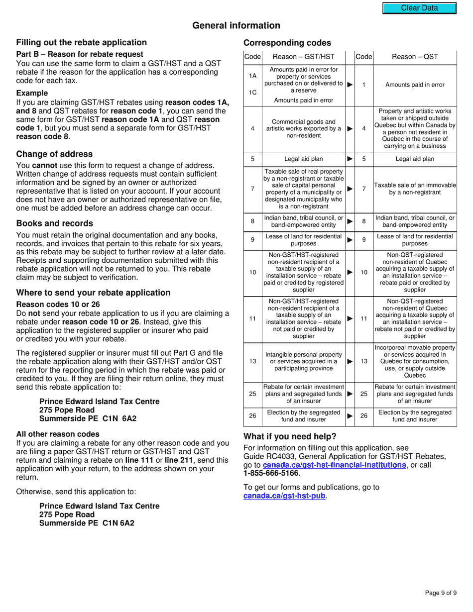Form R7289 General Application for Gst / Hst and Qst Rebates for Selected Listed Financial Institutions - Canada, Page 9