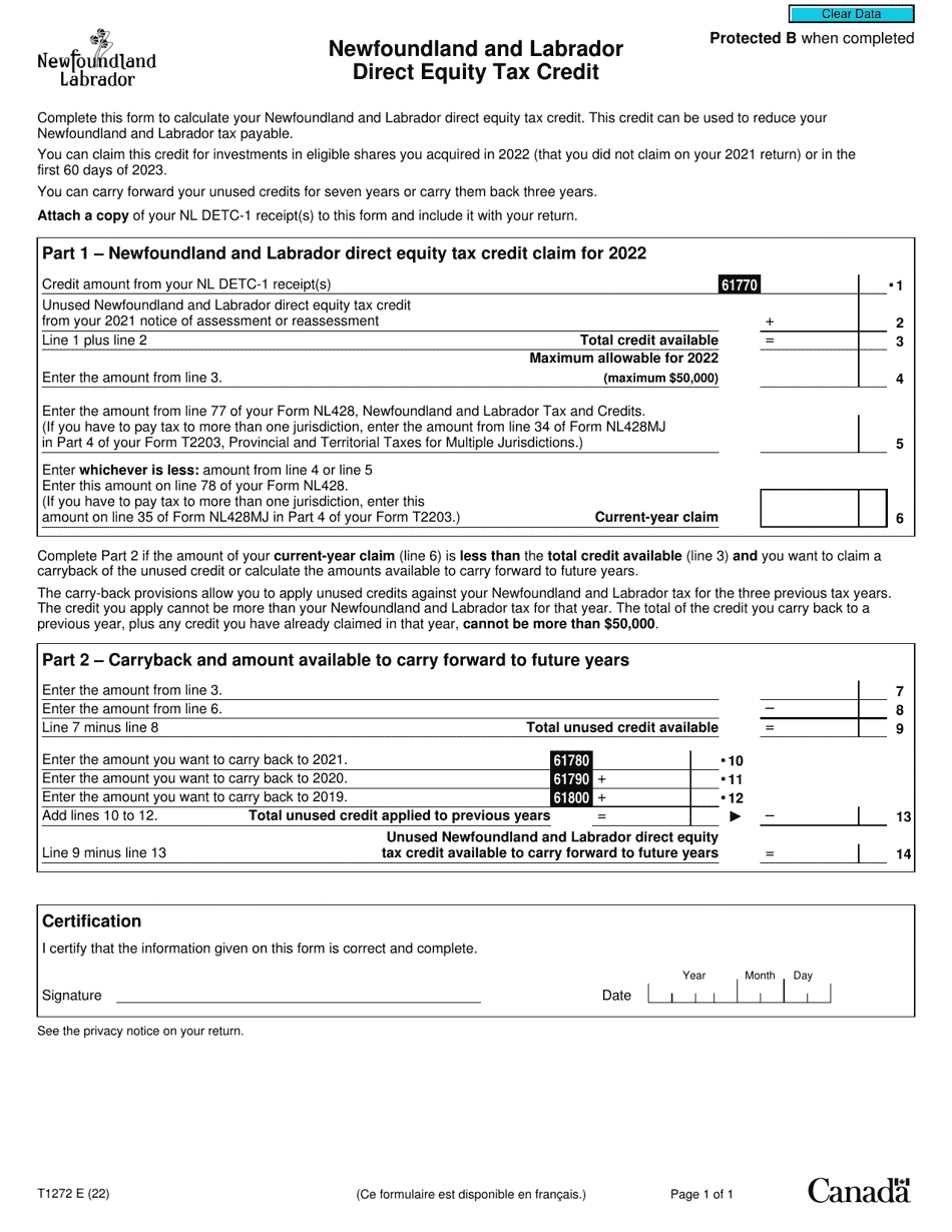 Form T1272 Newfoundland and Labrador Direct Equity Tax Credit - Canada, Page 1