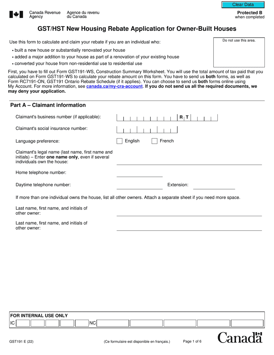 Form GST191 Download Fillable PDF Or Fill Online Gst Hst New Housing 