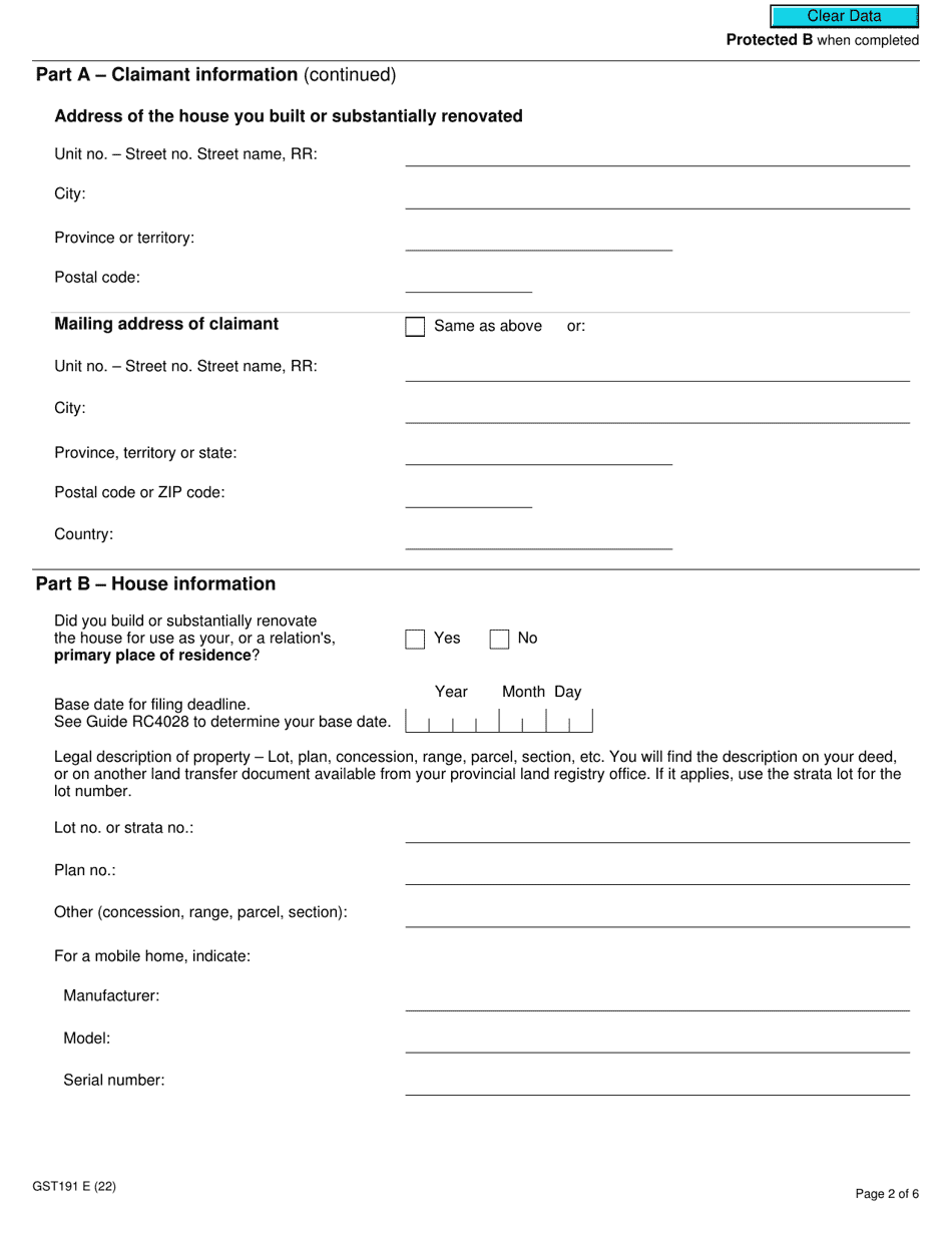 Form Gst191 Download Fillable Pdf Or Fill Online Gsthst New Housing