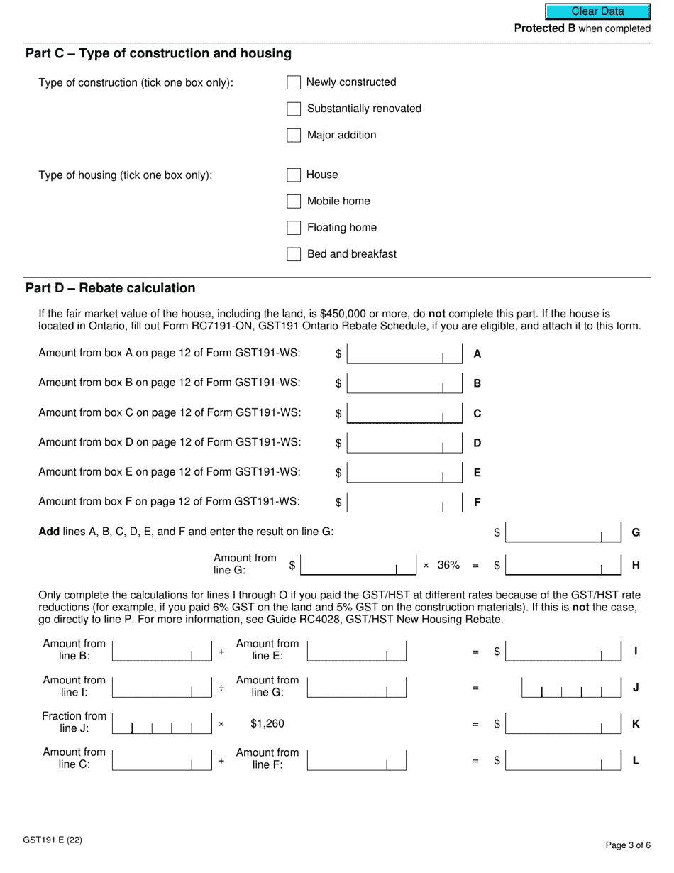 Form GST191 Gst / Hst New Housing Rebate Application for Owner-Built Houses - Canada, Page 3