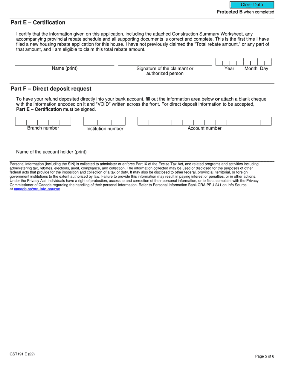 Form GST191 Gst / Hst New Housing Rebate Application for Owner-Built Houses - Canada, Page 5
