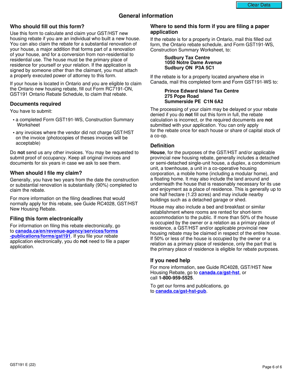 Form GST191 Gst / Hst New Housing Rebate Application for Owner-Built Houses - Canada, Page 6