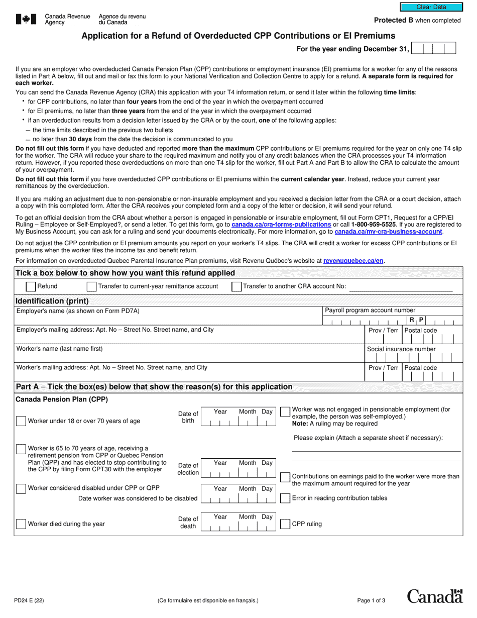 Form PD24 Application for a Refund of Overdeducted Cpp Contributions or Ei Premiums - Canada, Page 1