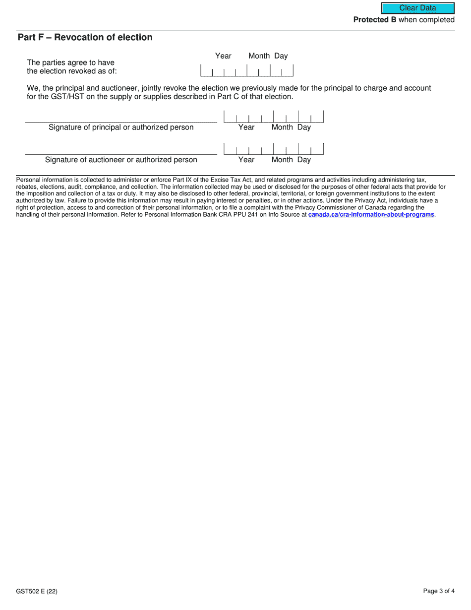 Form GST502 Election and Revocation of Election Between Auctioneer and Principal - Canada, Page 3
