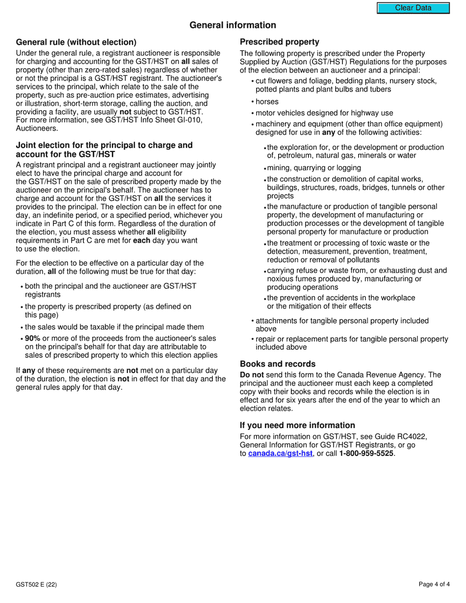 Form GST502 Election and Revocation of Election Between Auctioneer and Principal - Canada, Page 4