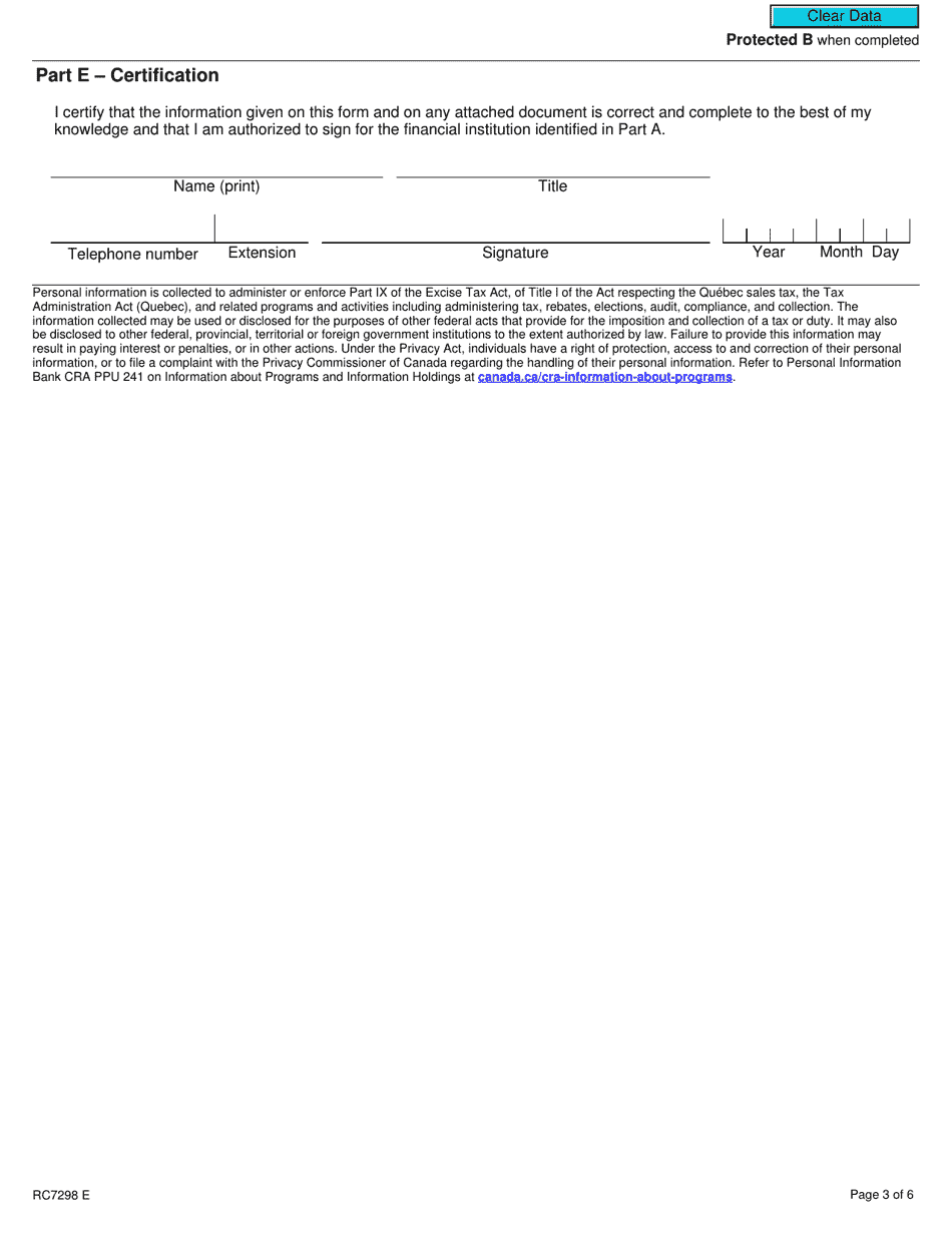 Form RC7298 Election or Revocation of an Election to Use the Prescribed Percentage for a Selected Listed Financial Institution - Canada, Page 3