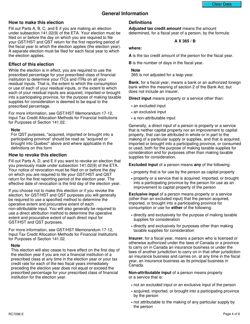 Form RC7298 Election or Revocation of an Election to Use the Prescribed Percentage for a Selected Listed Financial Institution - Canada, Page 4