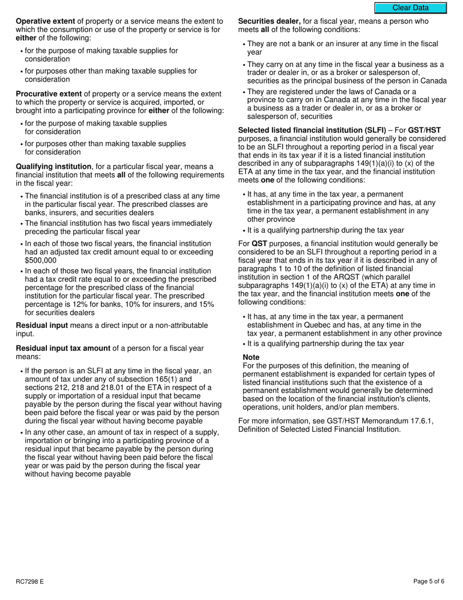 Form RC7298 Election or Revocation of an Election to Use the Prescribed Percentage for a Selected Listed Financial Institution - Canada, Page 5