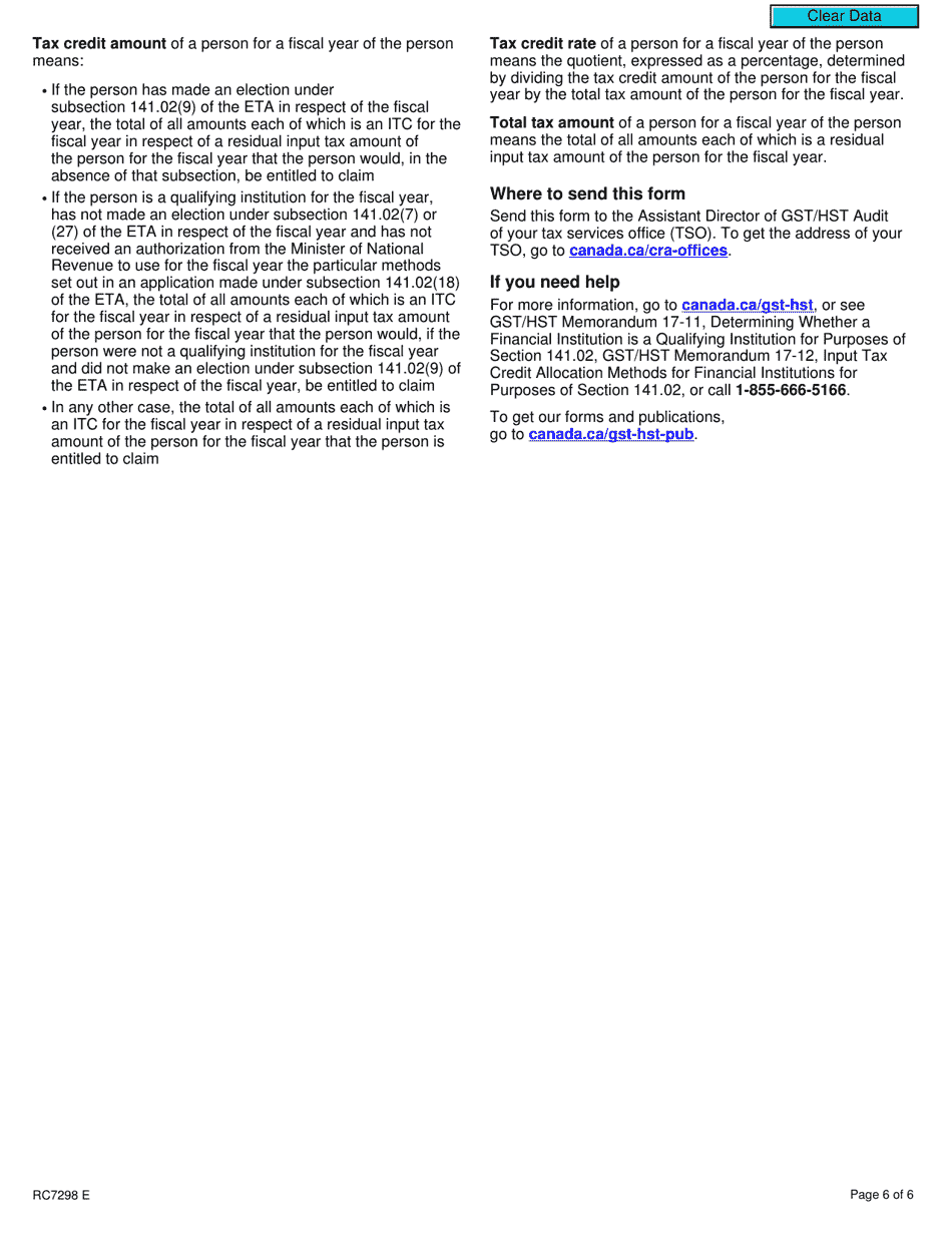 Form RC7298 Election or Revocation of an Election to Use the Prescribed Percentage for a Selected Listed Financial Institution - Canada, Page 6