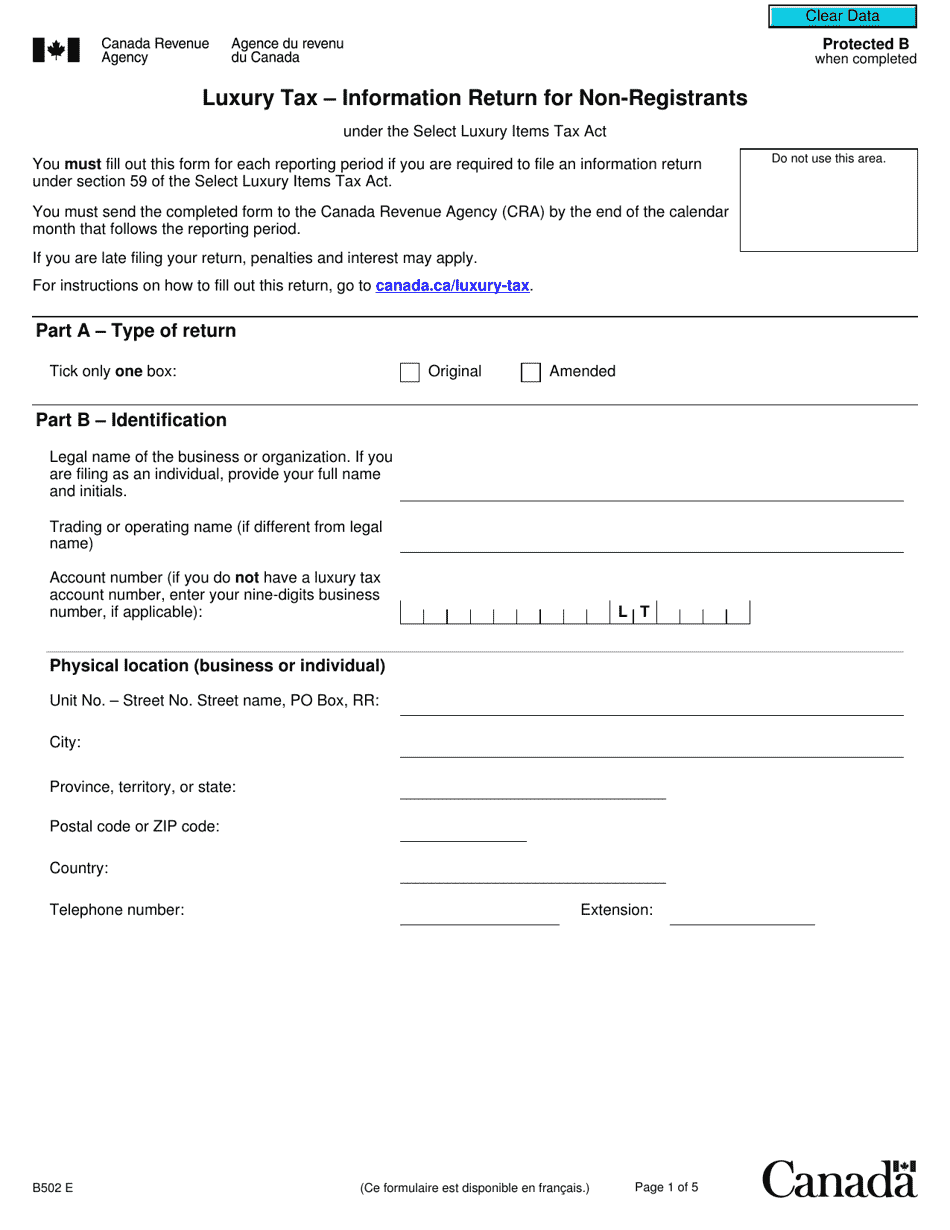 Form B502 Luxury Tax - Information Return for Non-registrants - Canada, Page 1