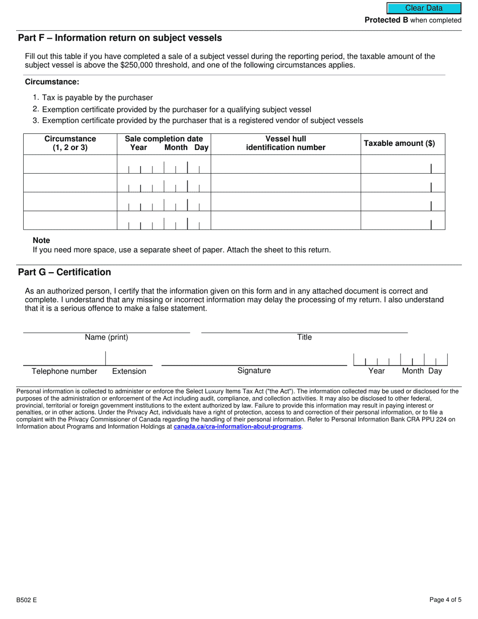 Form B502 Luxury Tax - Information Return for Non-registrants - Canada, Page 4