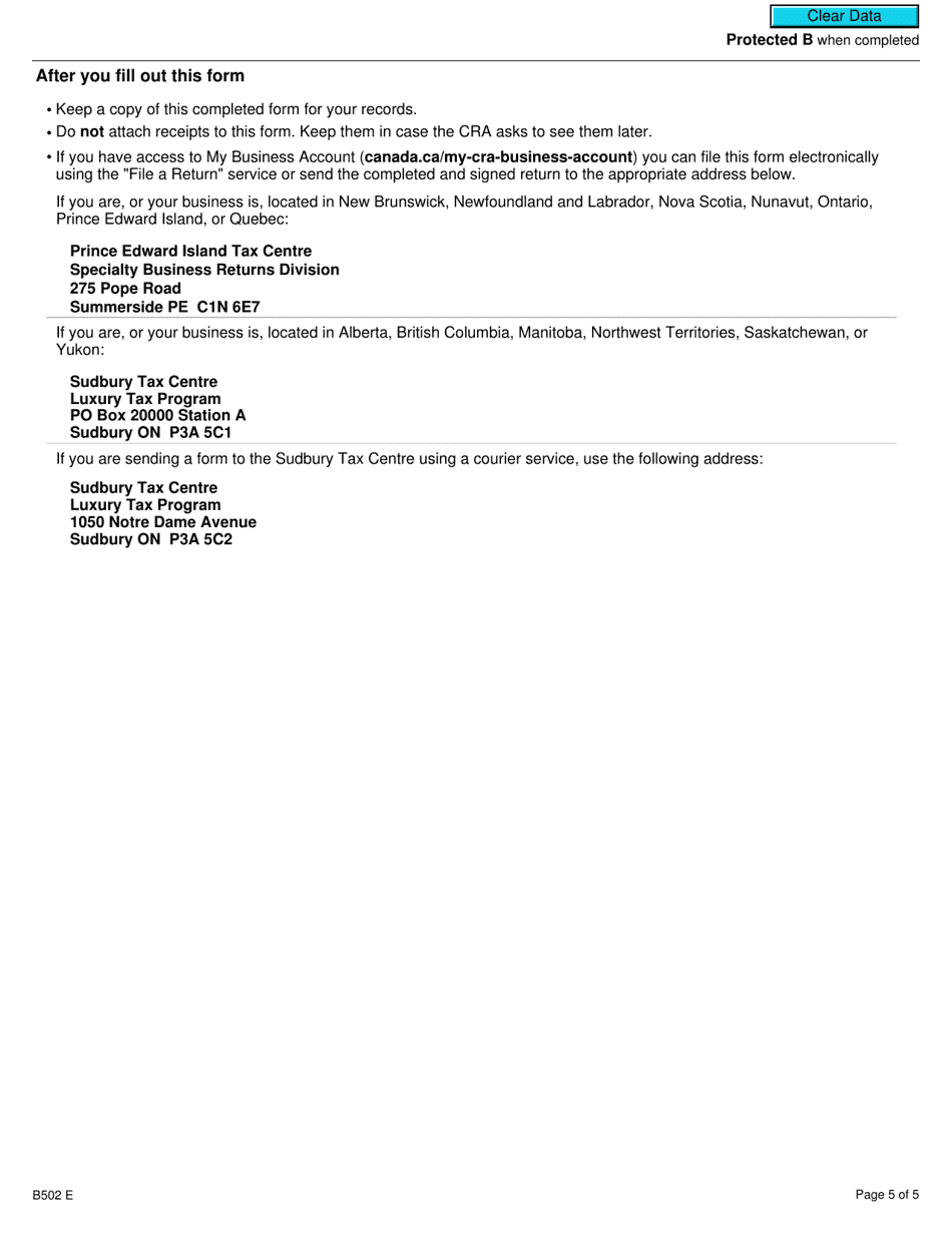 Form B502 Luxury Tax - Information Return for Non-registrants - Canada, Page 5