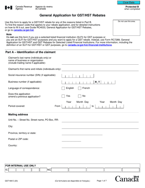 Form GST189 General Application for Gst/Hst Rebates - Canada