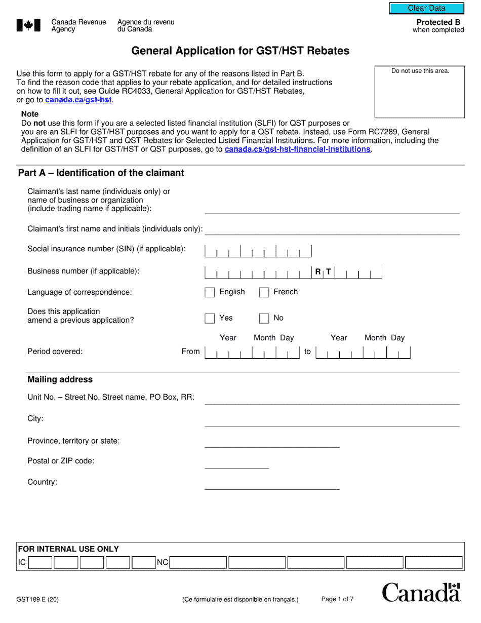 Form GST189 General Application for Gst / Hst Rebates - Canada, Page 1