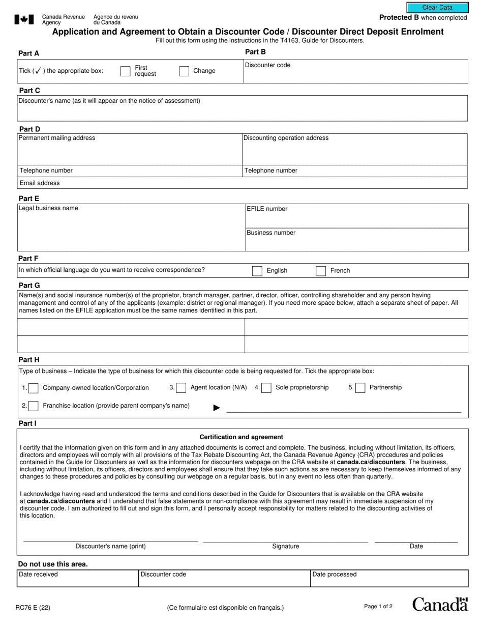 Form RC76 Application and Agreement to Obtain a Discounter Code/Discounter Direct Deposit Enrolment - Canada, Page 1