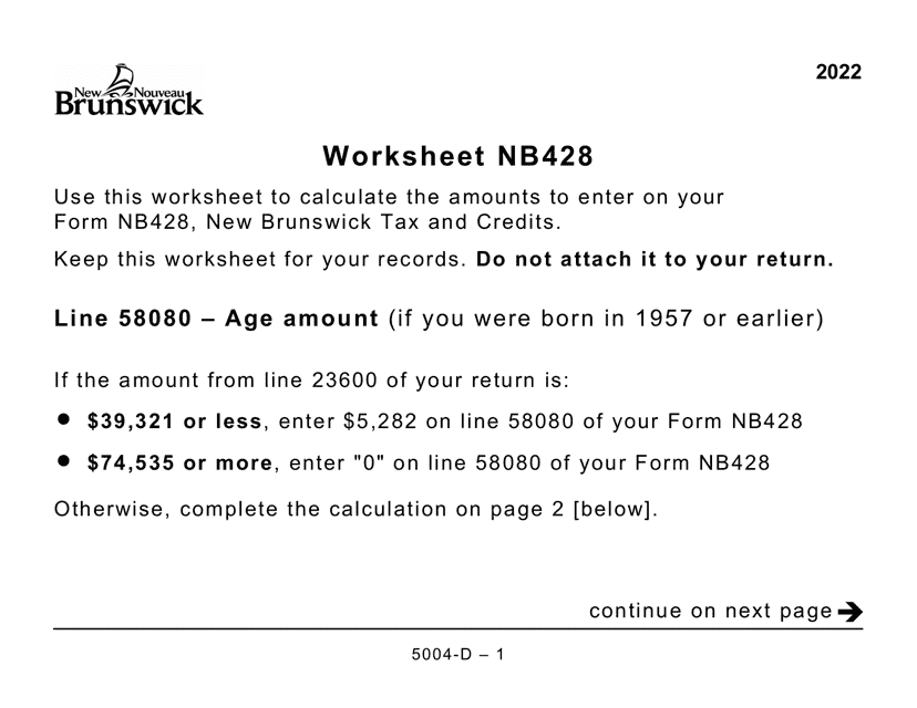 Form 5004-D Worksheet NB428 New Brunswick (Large Print) - Canada, 2022