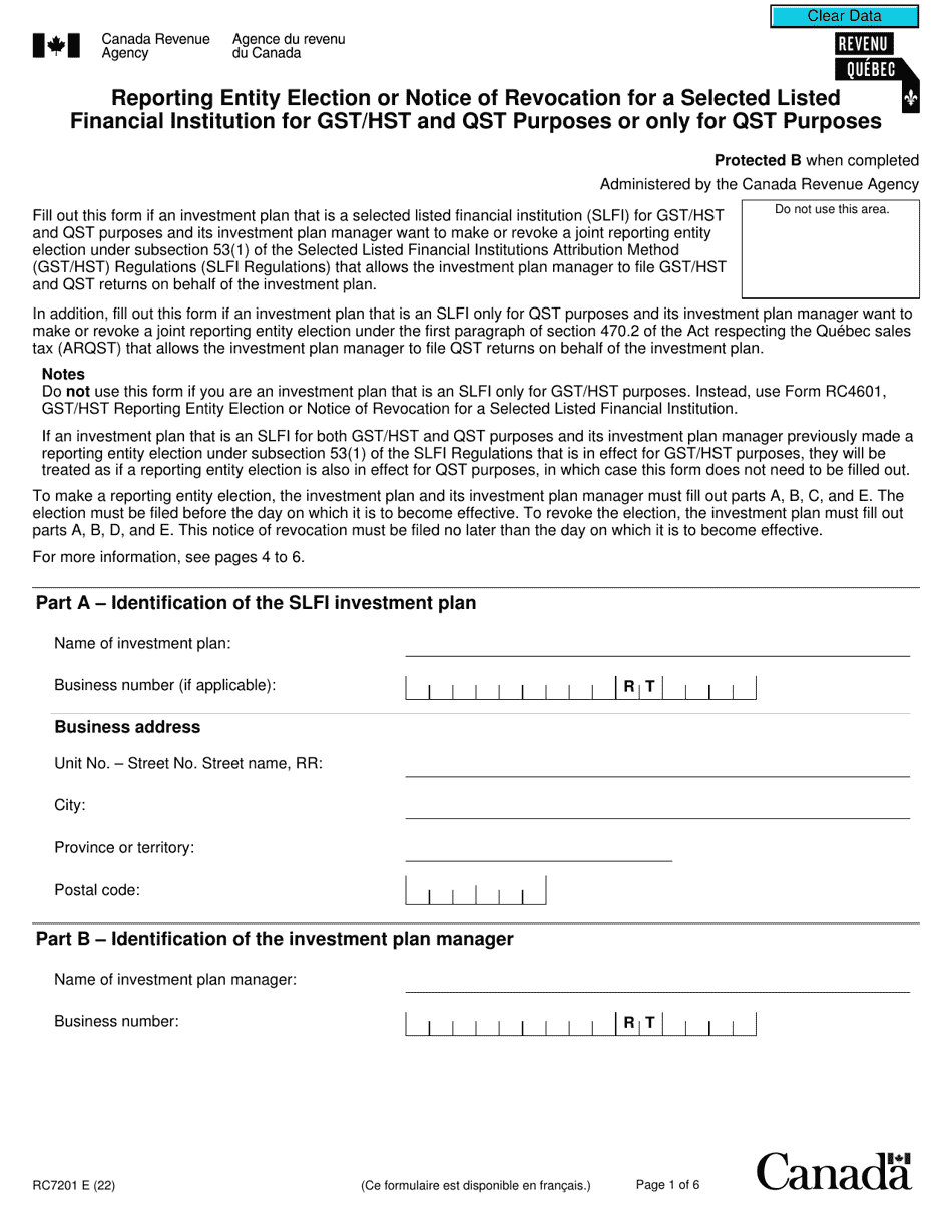 Form RC7201 Reporting Entity Election or Notice of Revocation for a Selected Listed Financial Institution for Gst / Hst and Qst Purposes or Only for Qst Purposes - Canada, Page 1