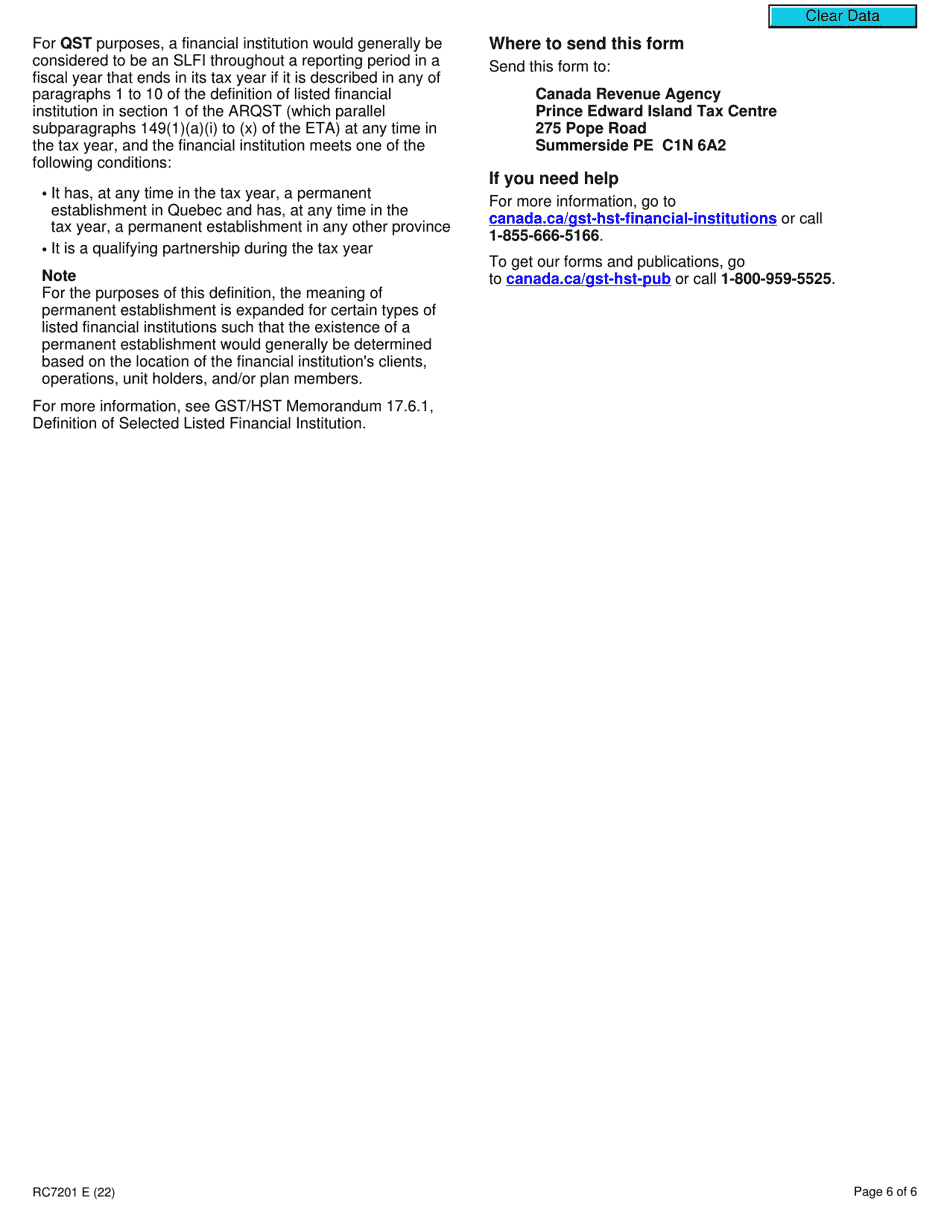 Form RC7201 Reporting Entity Election or Notice of Revocation for a Selected Listed Financial Institution for Gst / Hst and Qst Purposes or Only for Qst Purposes - Canada, Page 6