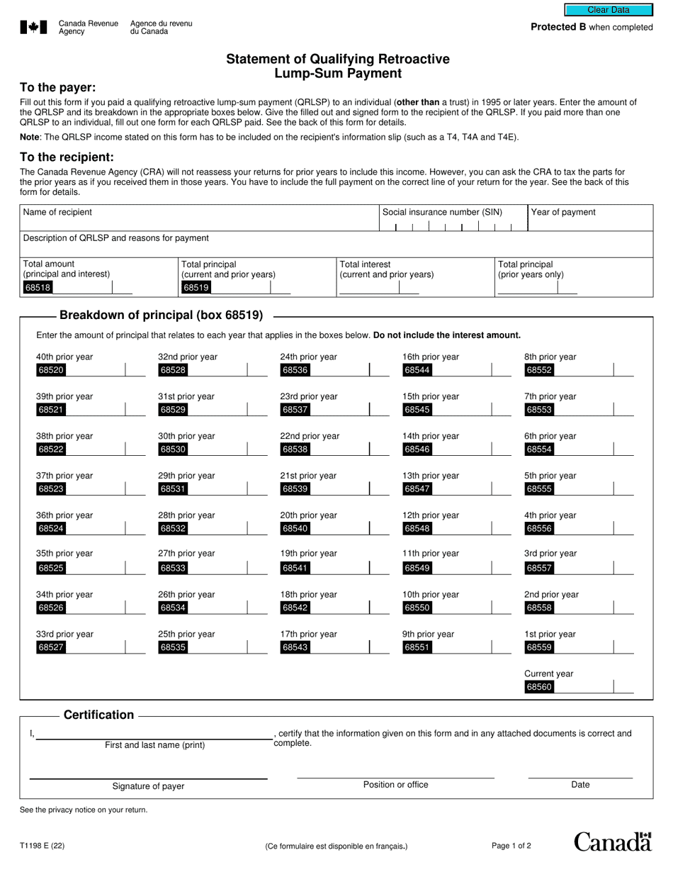 Form T1198 Download Fillable PDF or Fill Online Statement of Qualifying ...