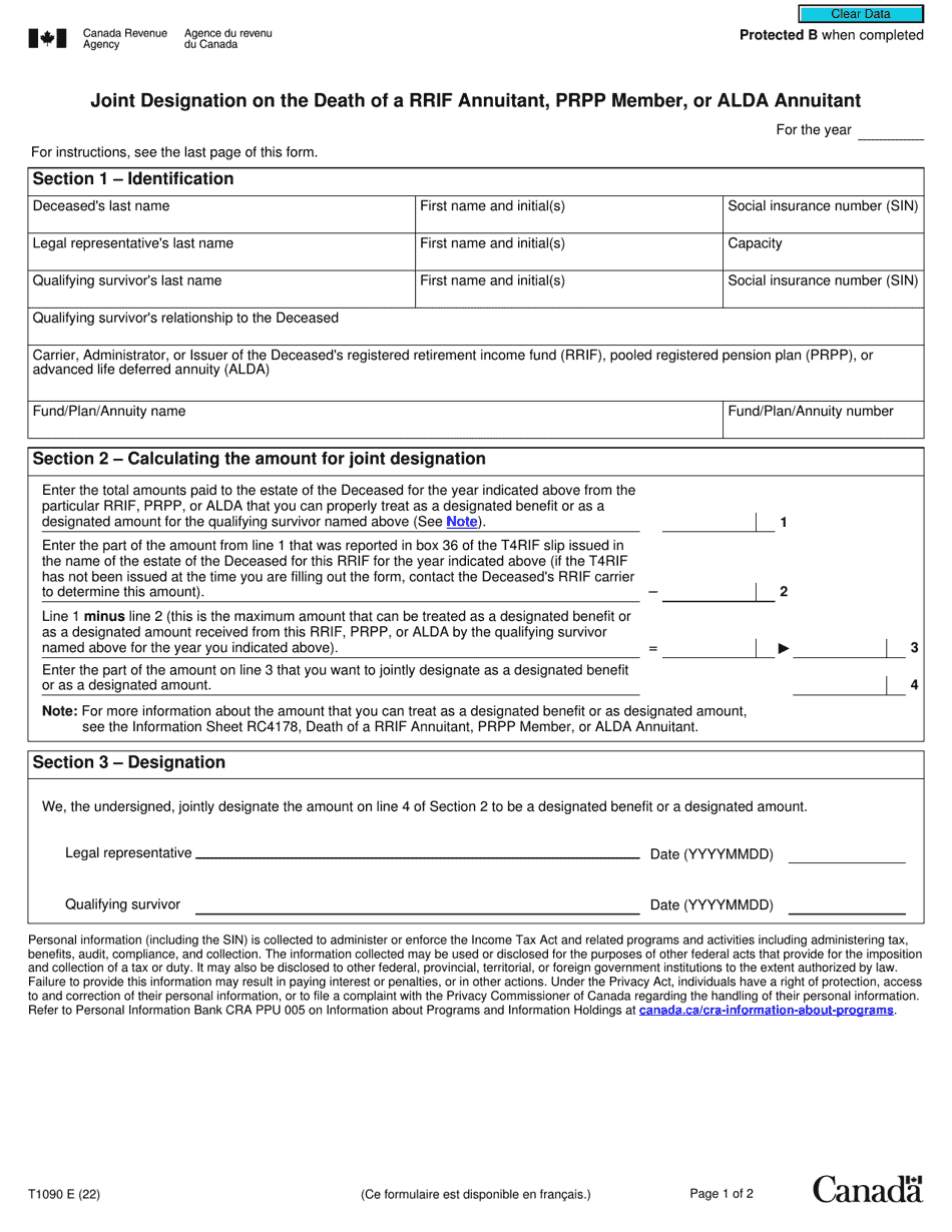 Form T1090 Joint Designation on the Death of a Rrif Annuitant, Prpp Member, or Alda Annuitant - Canada, Page 1