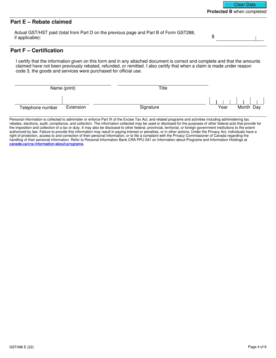 Form GST498 Gst / Hst Rebate Application for Foreign Representatives, Diplomatic Missions, Consular Posts, International Organizations, or Visiting Forces Units - Canada, Page 4