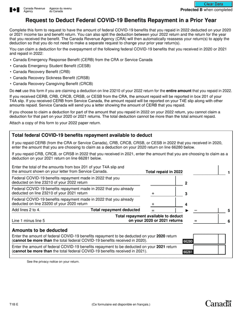 Form T1B Request to Deduct Federal Covid-19 Benefits Repayment in a Prior Year - Canada, 2022