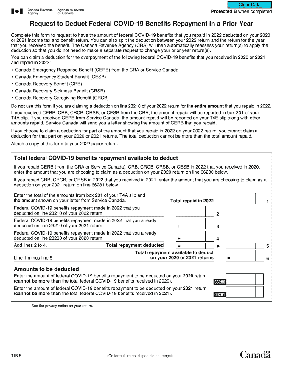 Form T1B Request to Deduct Federal Covid-19 Benefits Repayment in a Prior Year - Canada, Page 1