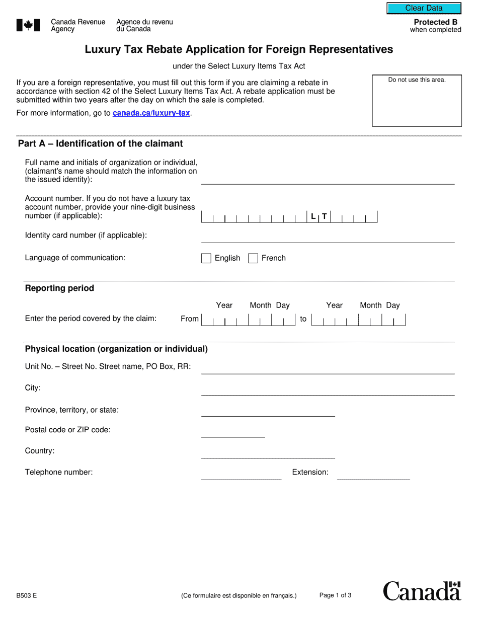 Form B503 Luxury Tax Rebate Application for Foreign Representatives - Canada, Page 1
