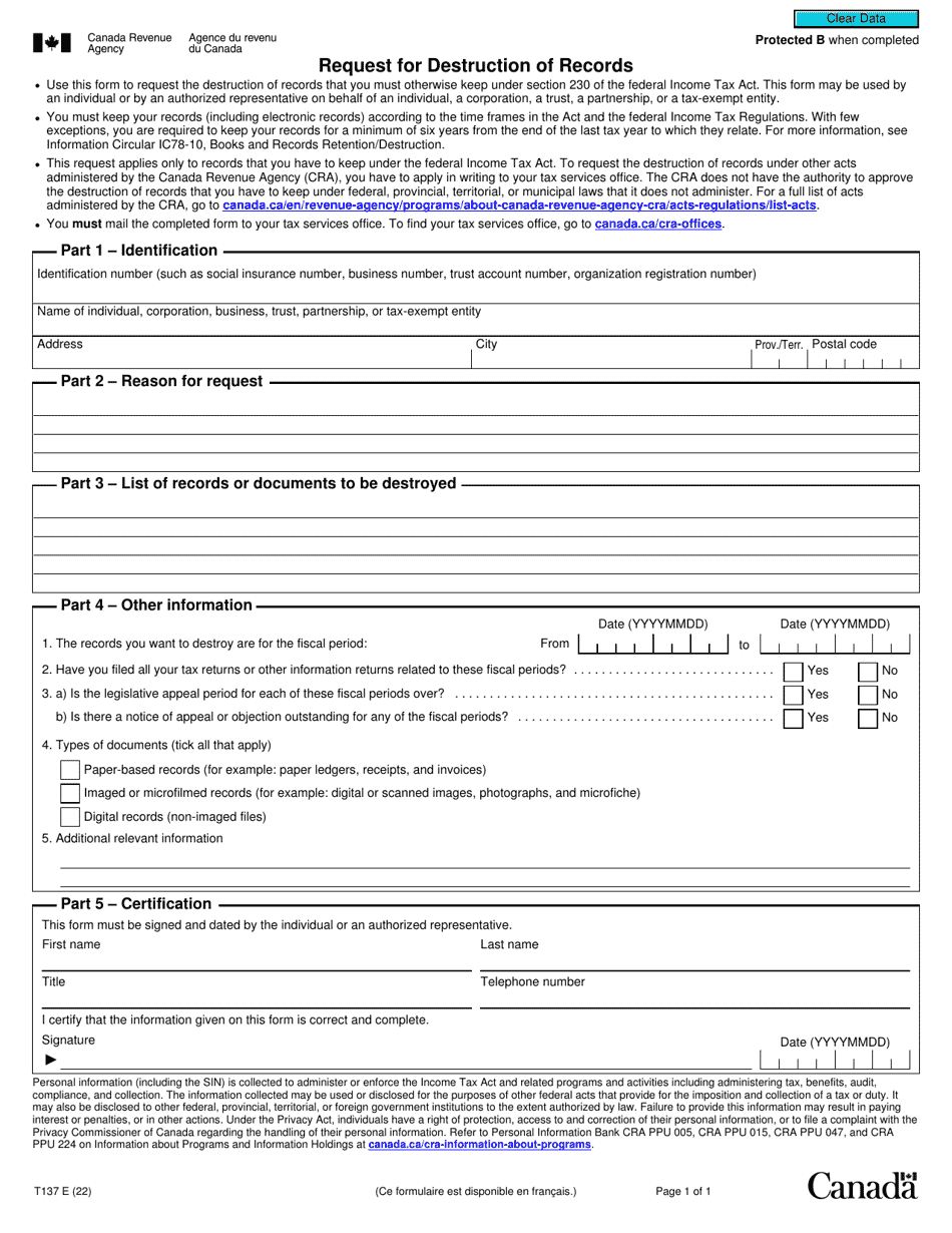 Form T137 Request for Destruction of Records - Canada, Page 1