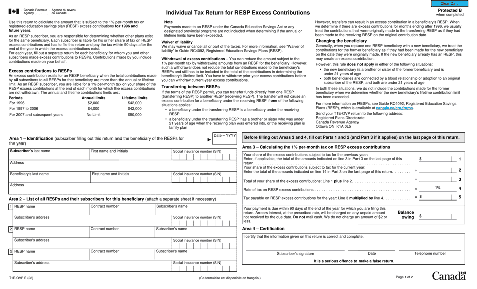 Form T1E-OVP Individual Tax Return for Resp Excess Contributions - Canada, Page 1