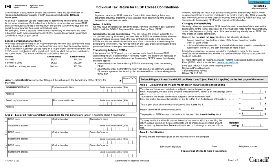 Form T1e Ovp Download Fillable Pdf Or Fill Online Individual Tax Return For Resp Excess 1613