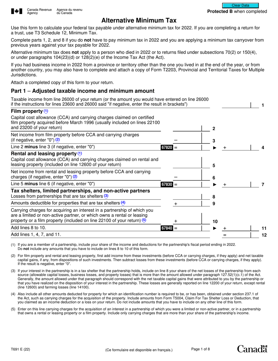 Form T691 Alternative Minimum Tax - Canada, Page 1