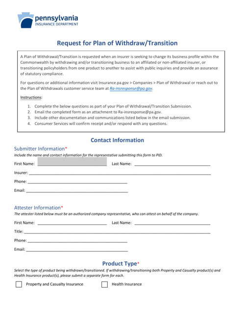 Request for Plan of Withdraw/Transition - Pennsylvania